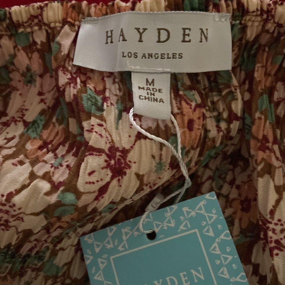 Hayden Los Angeles Brown & Yellow Floral Crepe Peasant Peplum Blouse Size Medium - Picture 6 of 7
